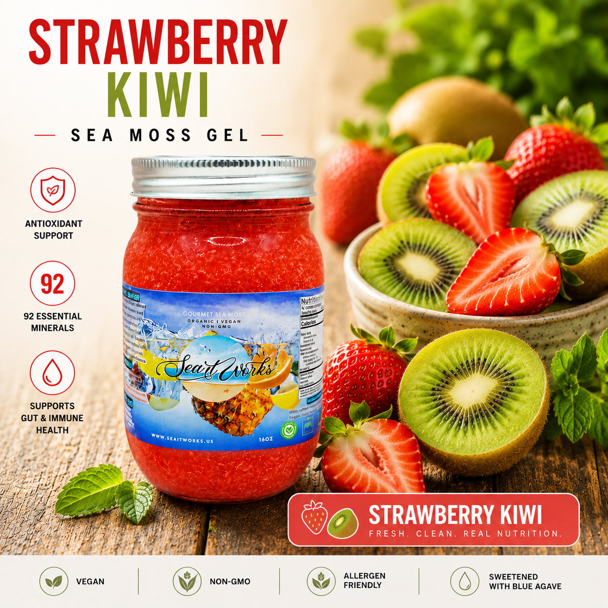 Sea It Works Sea Moss Gel Strawberry Kiwi 16oz