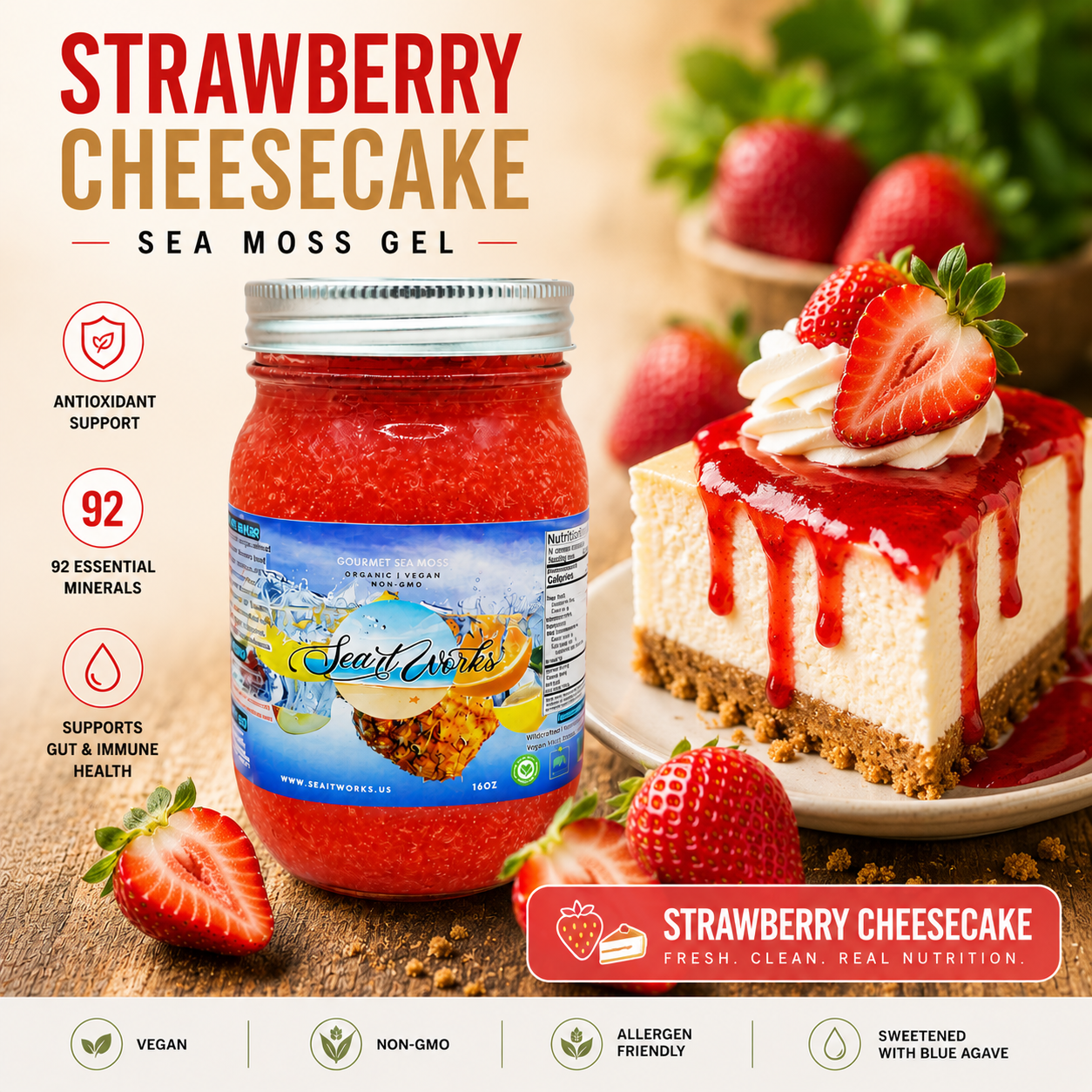 Sea It Works Sea Moss Gel Strawberry Cheesecake 16oz
