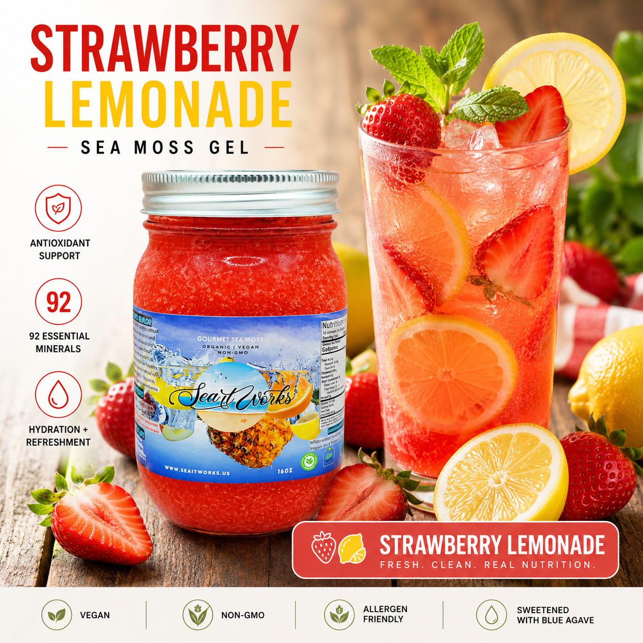 Sea It Works Sea Moss Gel Strawberry Lemonade 16oz